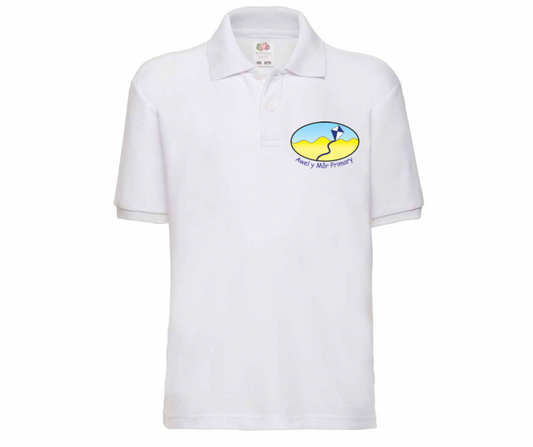 Awel y Môr School White Polo Shirt – DTF Printed Logo
