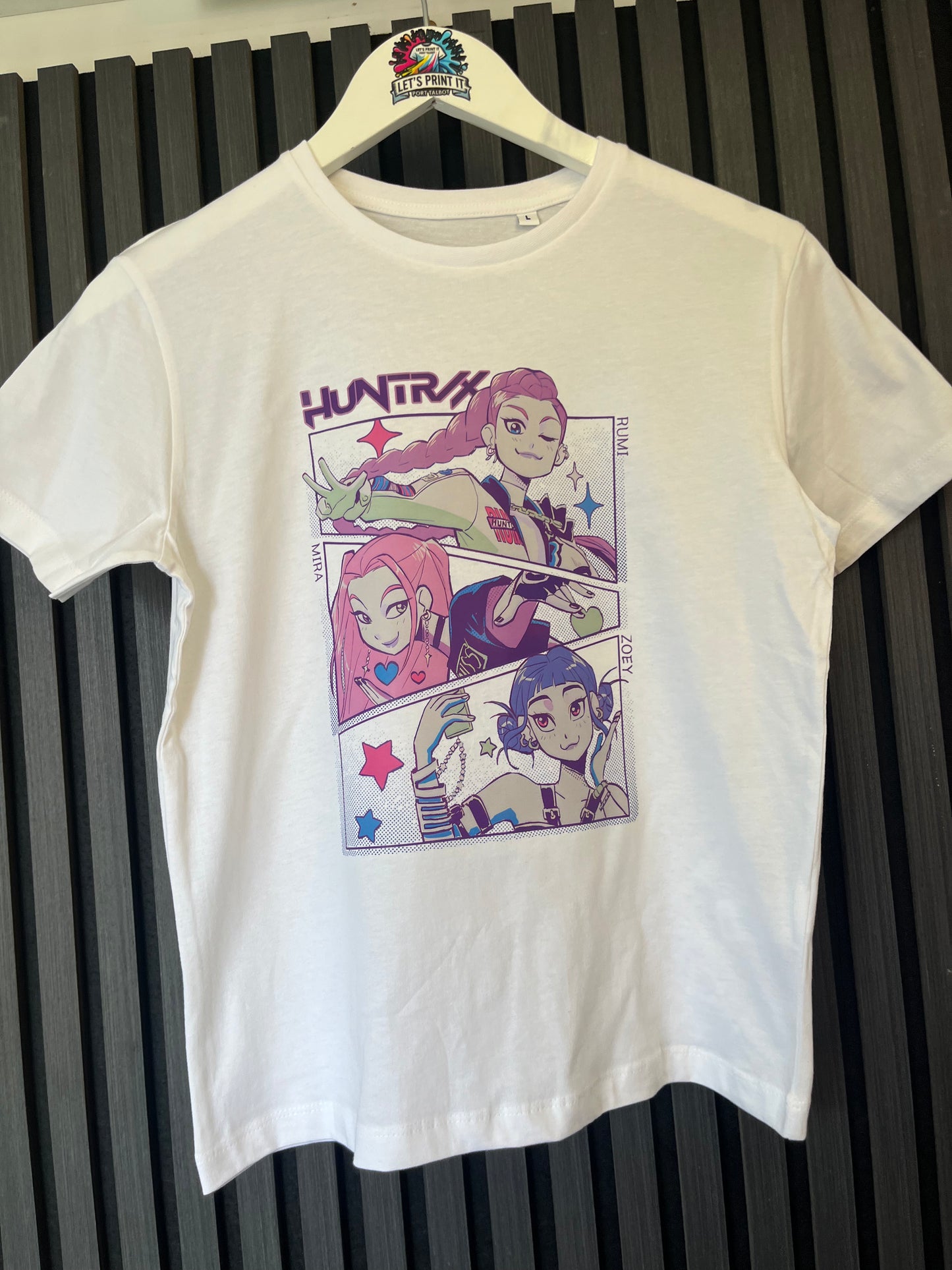 Huntrix character T-shirt, available in white or black: